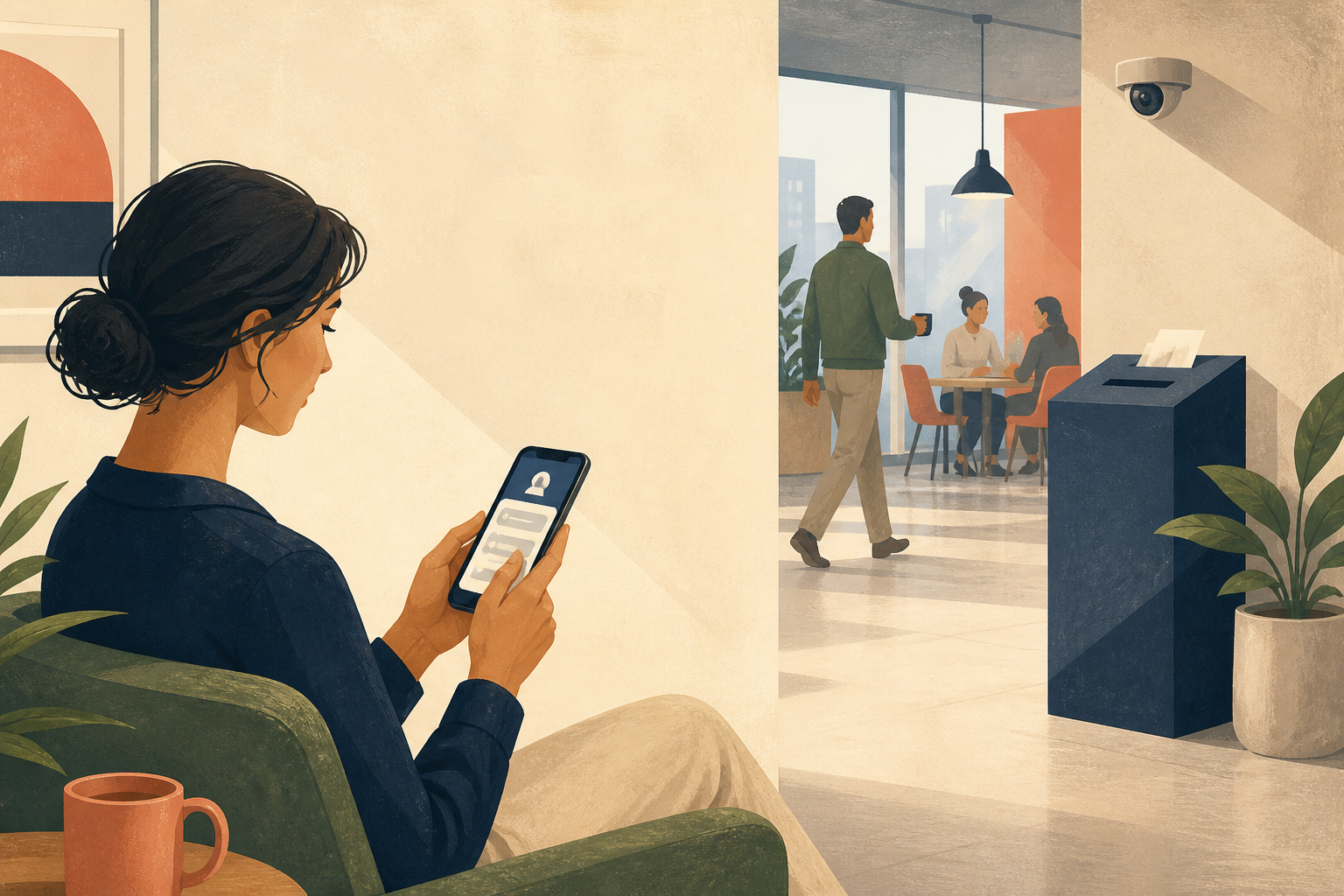 An employee uses a private feedback channel away from a visible physical suggestion box