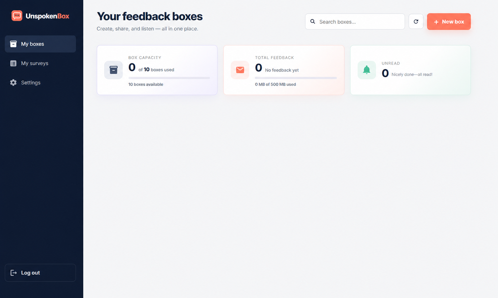 The dashboard provides the core Free-plan box and feedback controls.