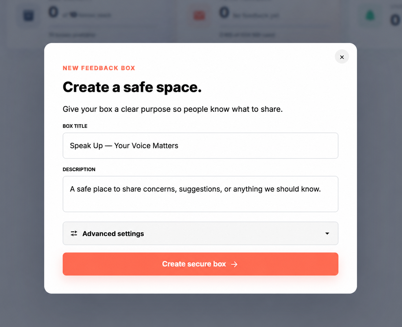 Free administrators create a box with a public title and description.