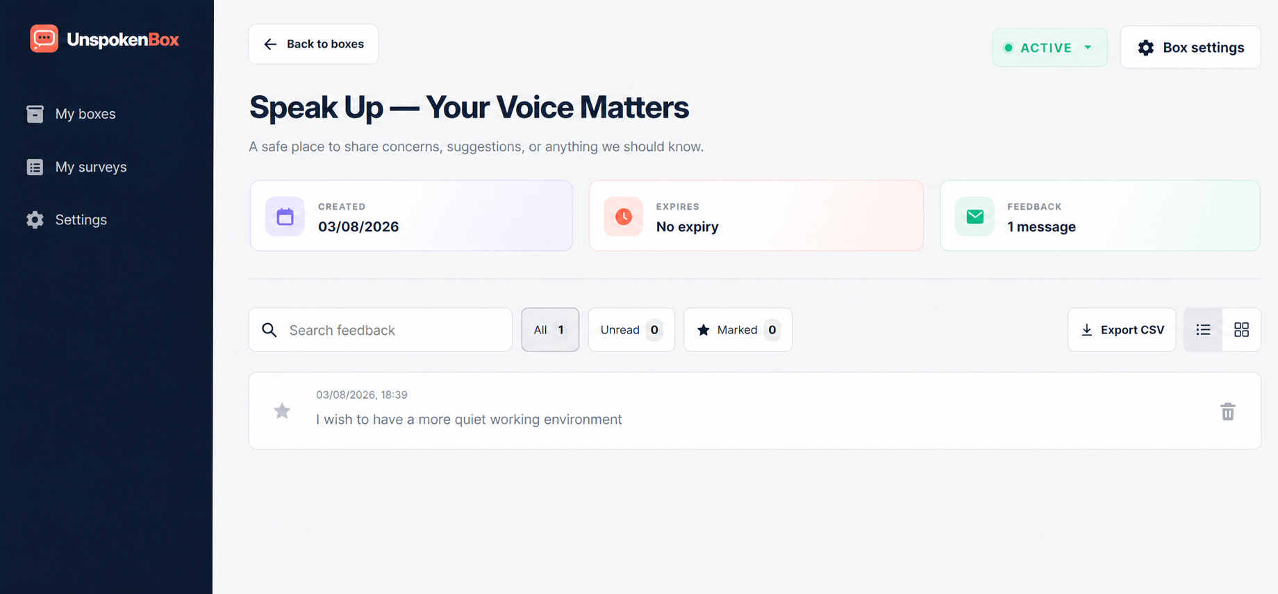 Search the inbox, filter by All, Unread, or Marked, and switch between list and grid views.