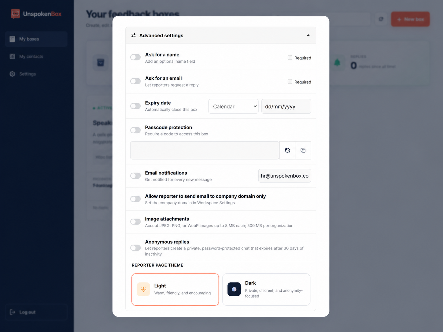 Configure Pro access, identity, notification, copy, and theme settings in one editor.