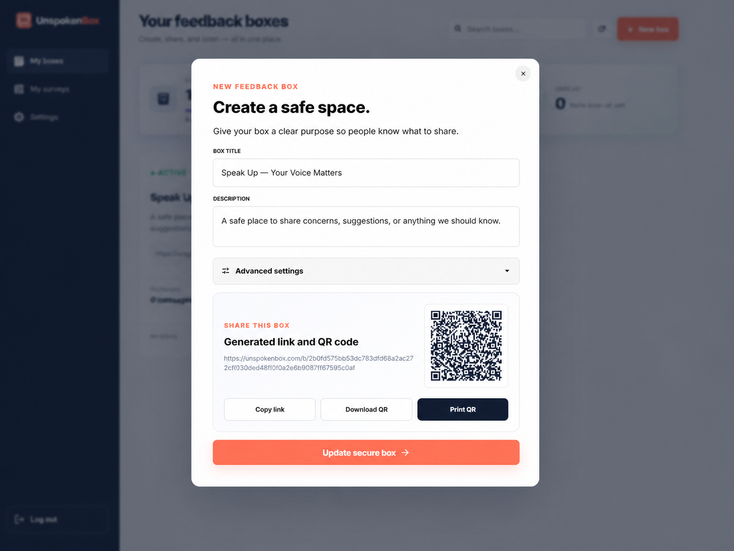 Open Edit from the box card’s three-dots button to access Copy link, Download QR, and Print QR.