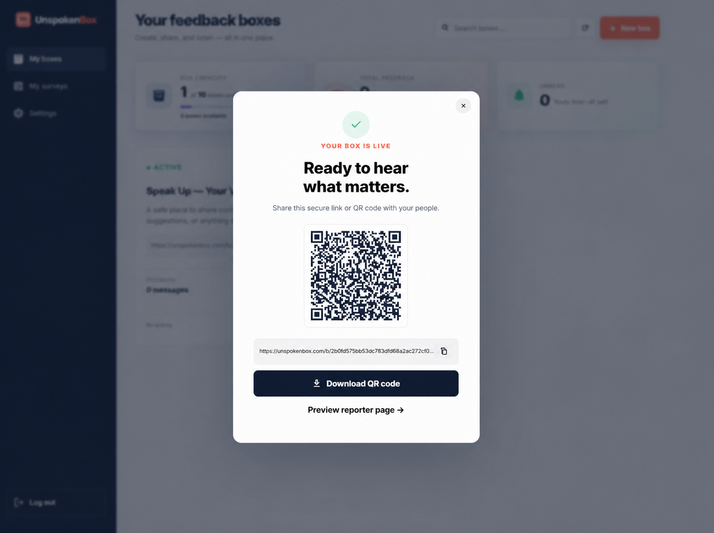 After creating a box, copy its secure link or download its QR code.