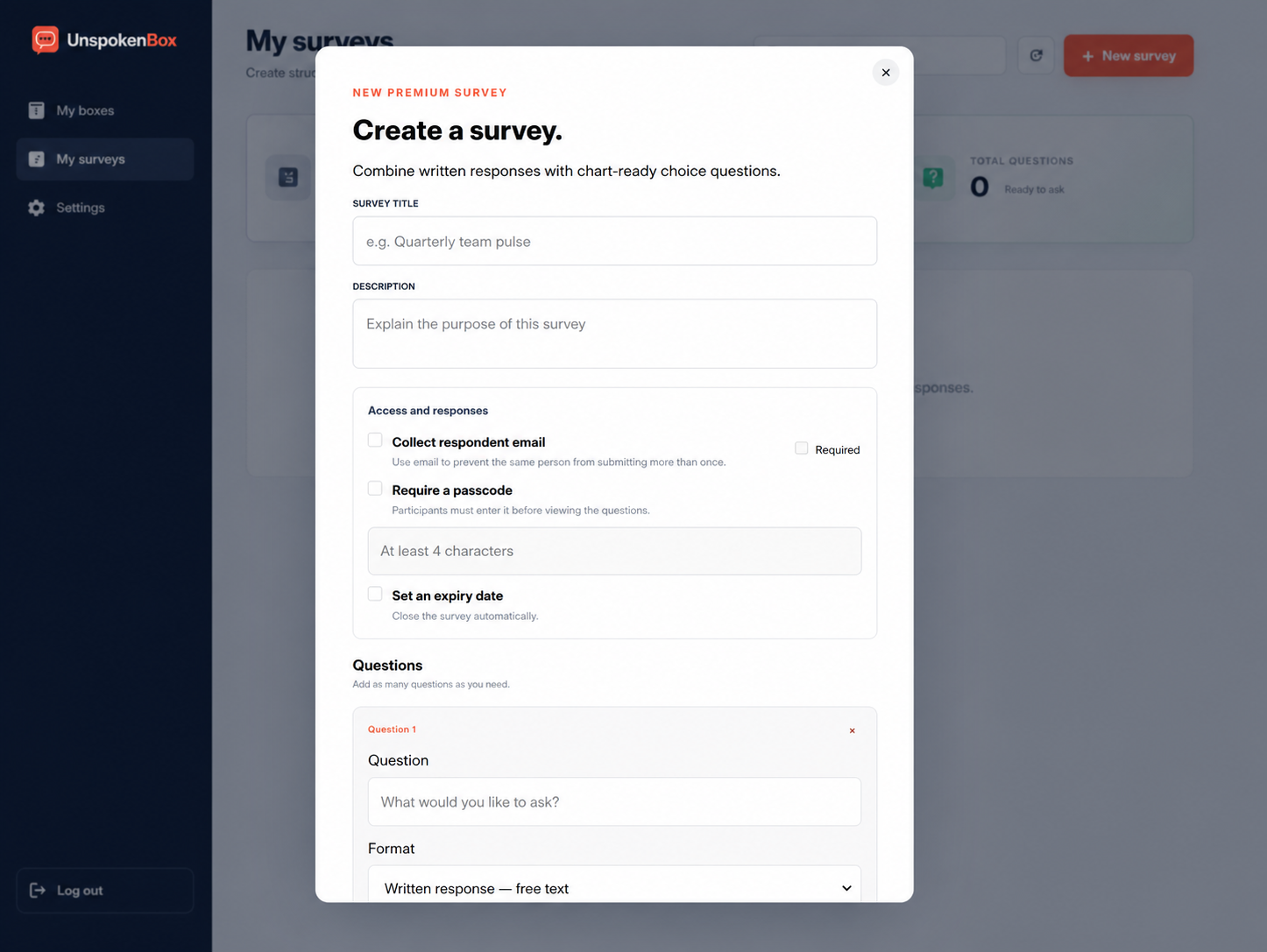 The Premium survey builder combines access controls with written and choice questions.