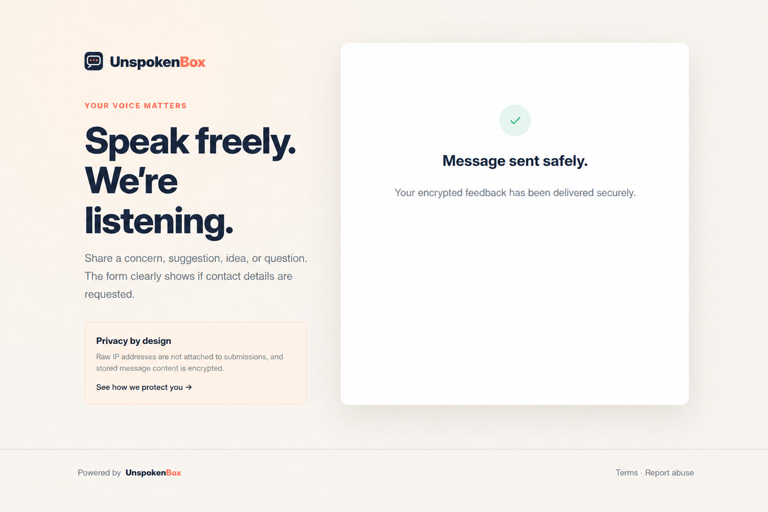 The reporter page confirms when encrypted feedback has been delivered safely.