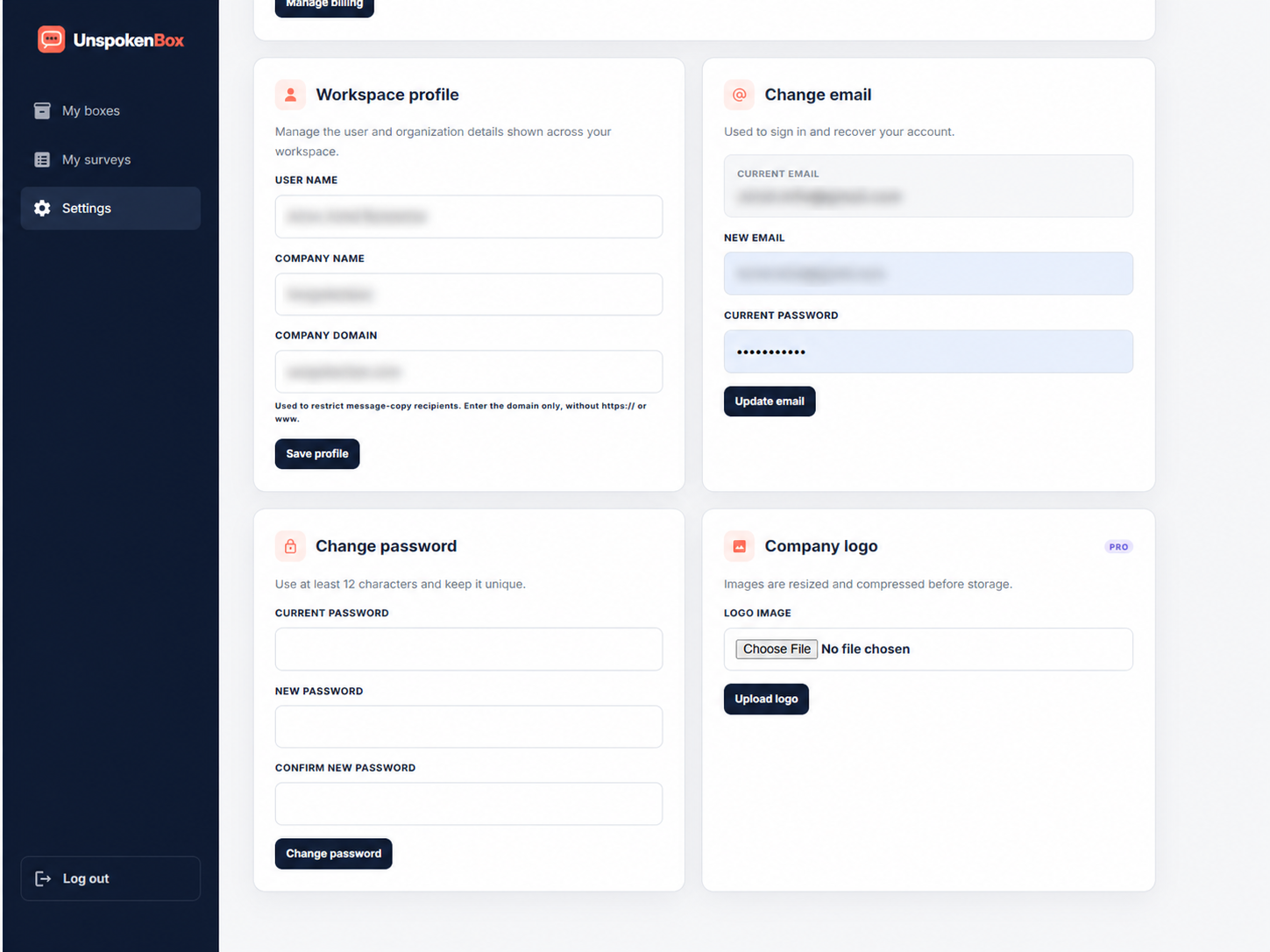 Workspace settings centralize profile, domain, logo, credentials, plan, and billing controls.