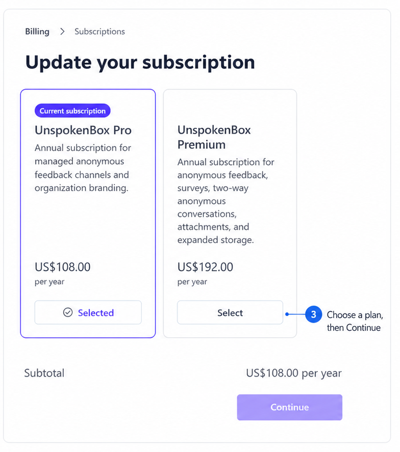 Choose the required plan, select Continue, and review the price and effective date before confirming.