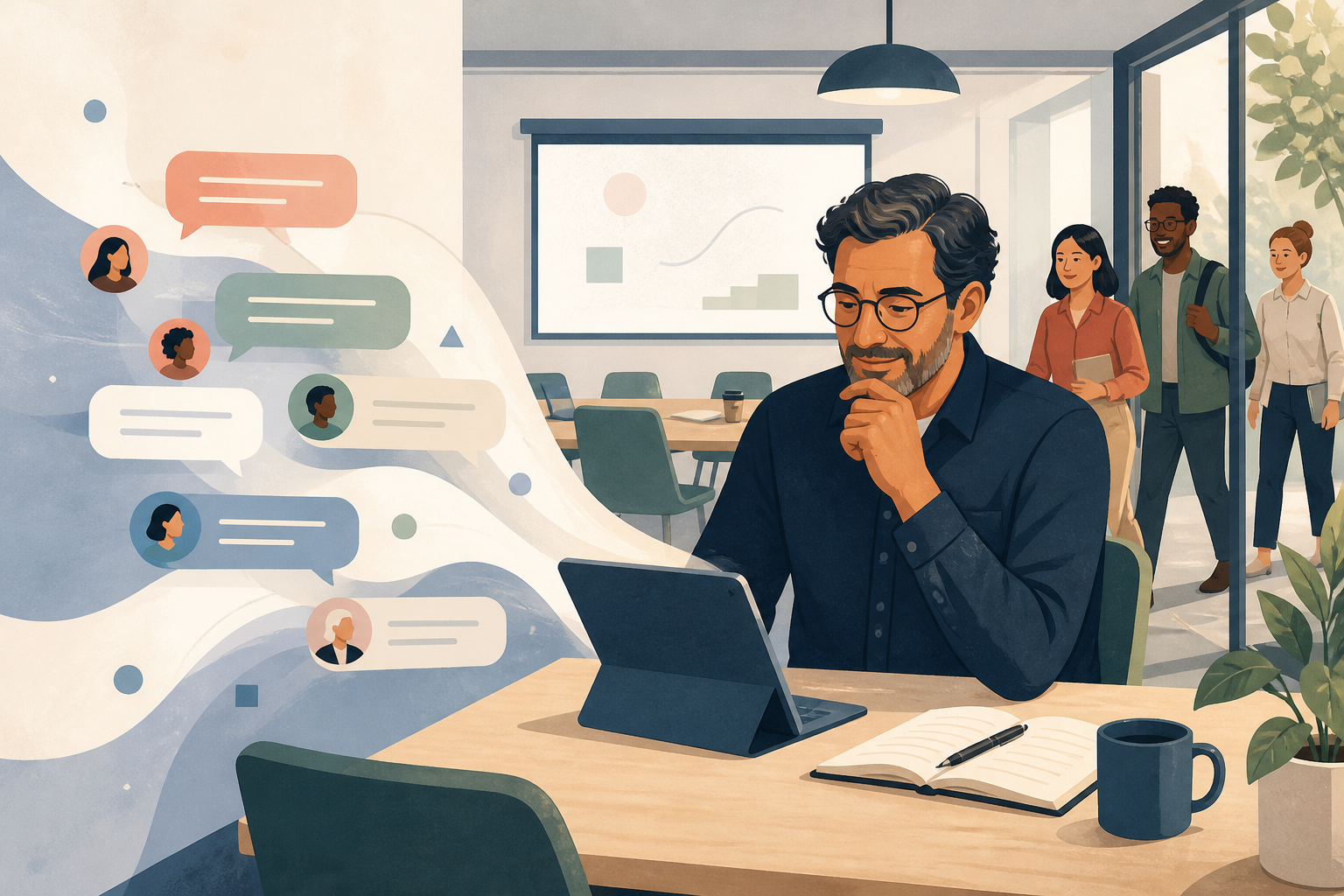 A manager reviews private employee questions before a team meeting